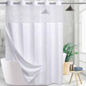 NEW Fabric Shower Curtain, Mesh Window Hook Free Removable Liner 71” W x 74” H